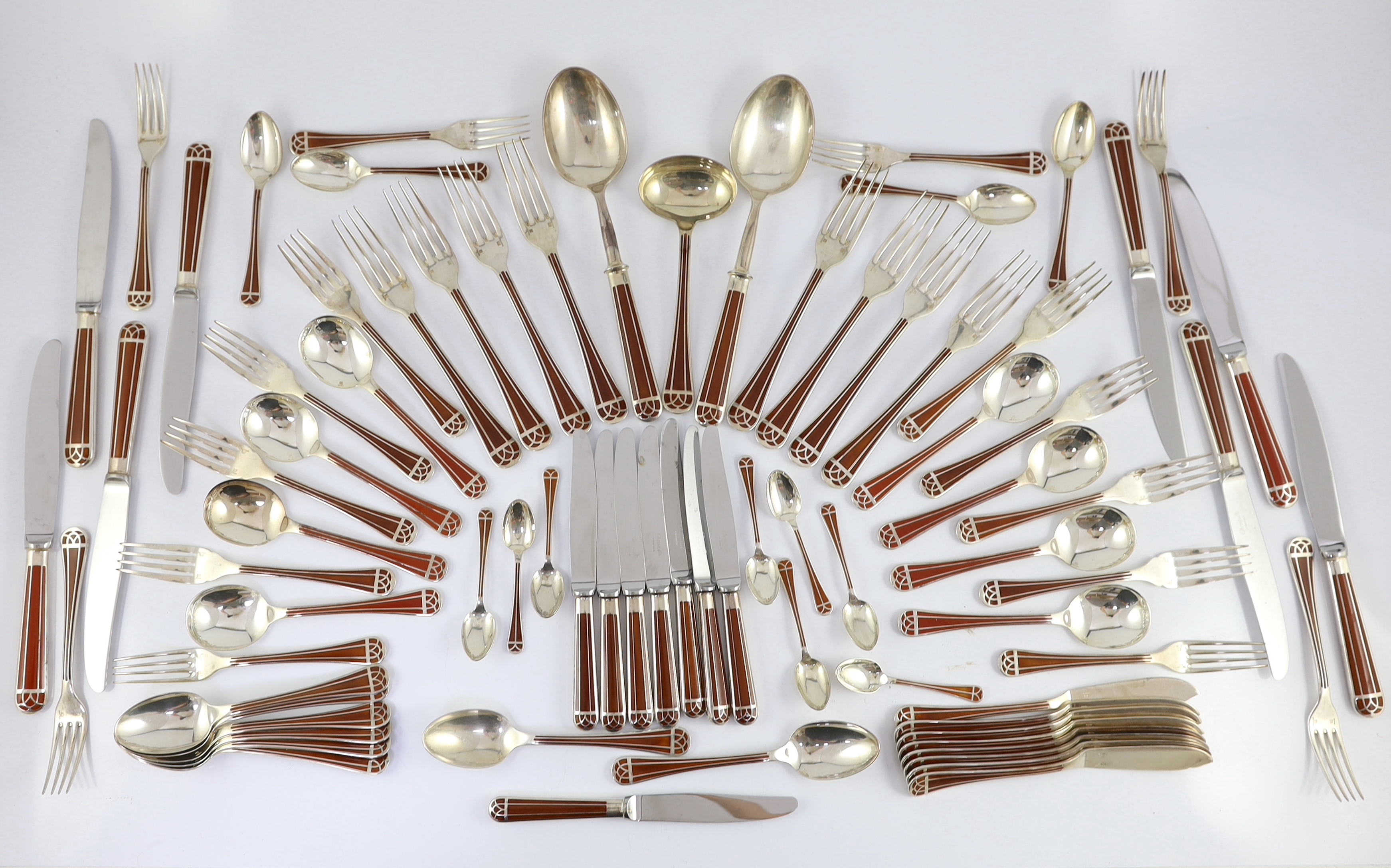 An almost complete canteen of modern Christofle silver plated and Chinese brown lacquer Talisman pattern cutlery for eight, designed by Bernard Yot